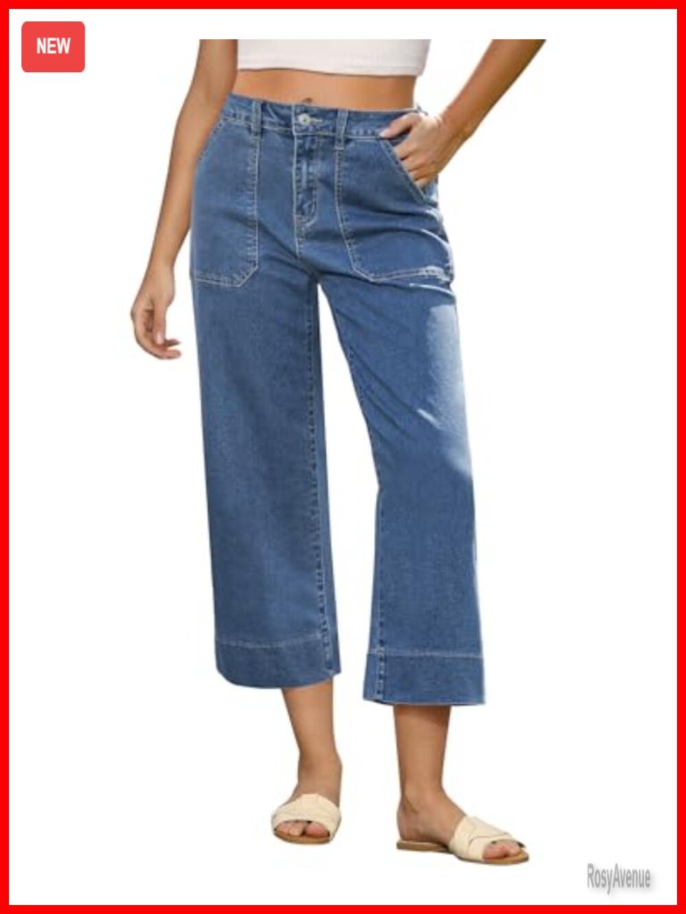 High Waisted Wide Leg Capri Jeans Cropped Denim Pants